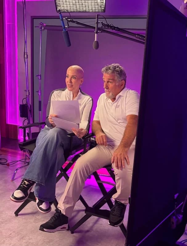 Paul Kearney and Melissa Doyle preparing to film their stories on the NHL campaign set